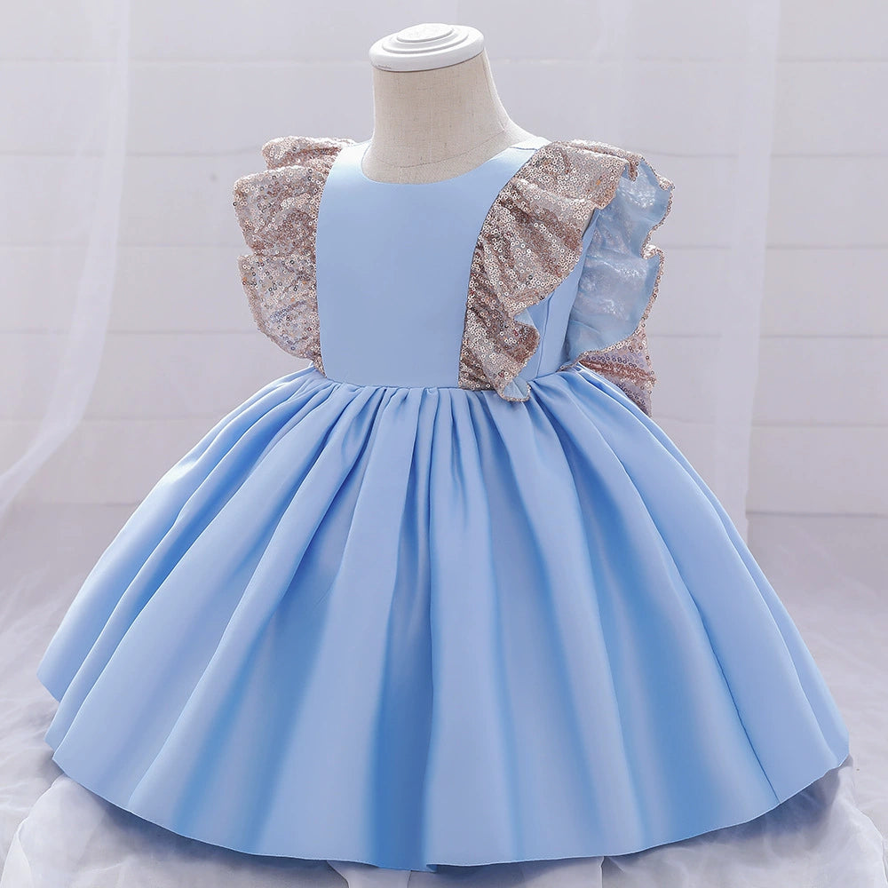 Princess Blue Satin Bow / Tie Back Baptism Sequins Tea Length Sleeveless Cap Sleeve Round Flower Girl Dress