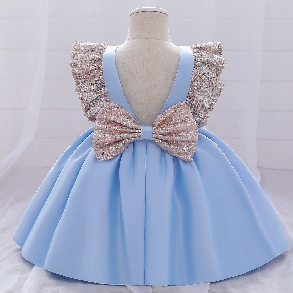 Princess Blue Satin Bow / Tie Back Baptism Sequins Tea Length Sleeveless Cap Sleeve Round Flower Girl Dress