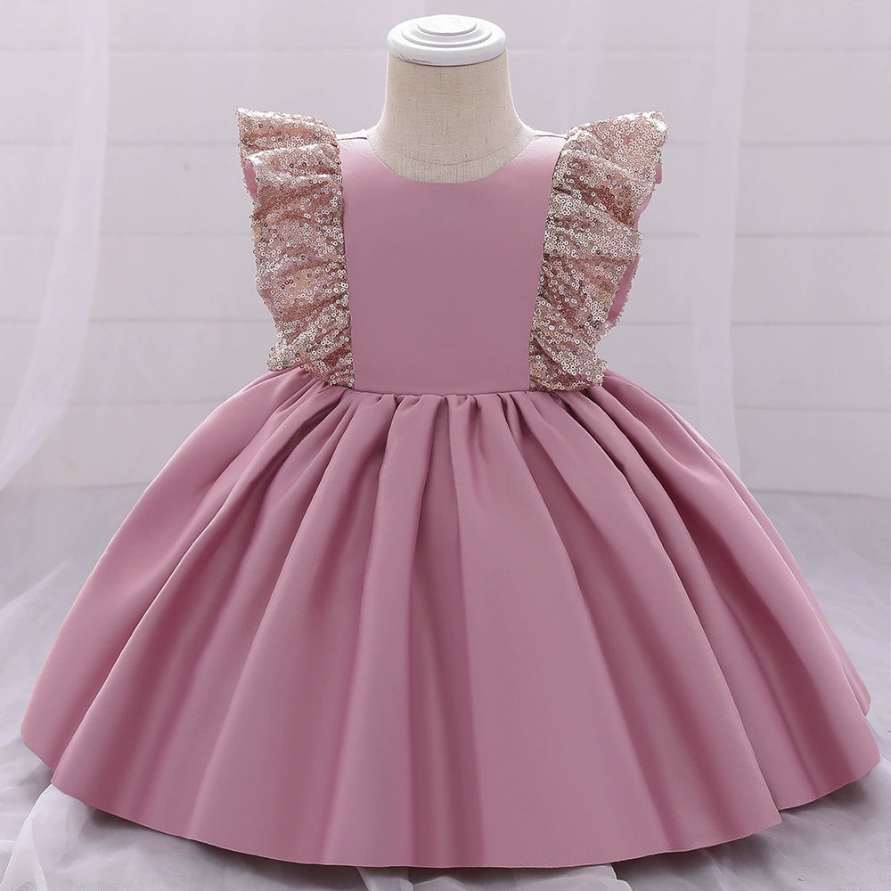 Princess Pink Satin Bow / Tie Back Baptism Sequins Tea Length Sleeveless Cap Sleeve Round Flower Girl Dress