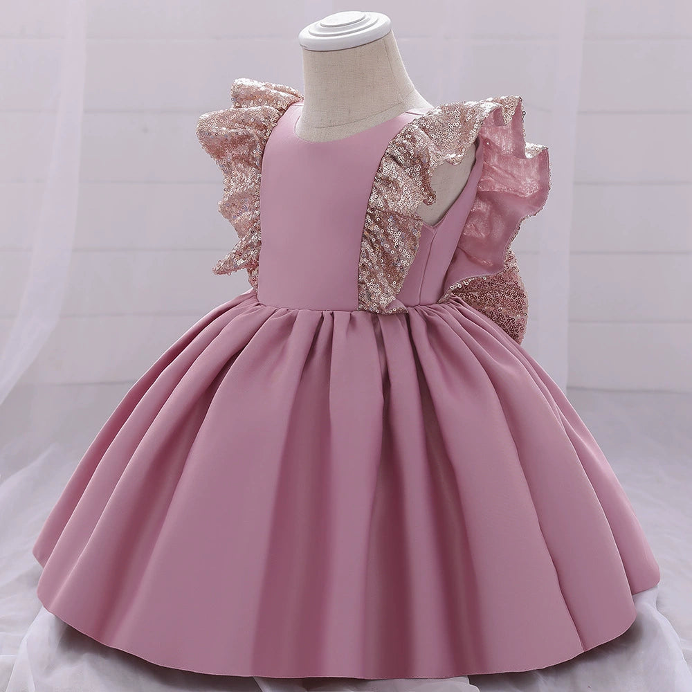 Princess Pink Satin Bow / Tie Back Baptism Sequins Tea Length Sleeveless Cap Sleeve Round Flower Girl Dress