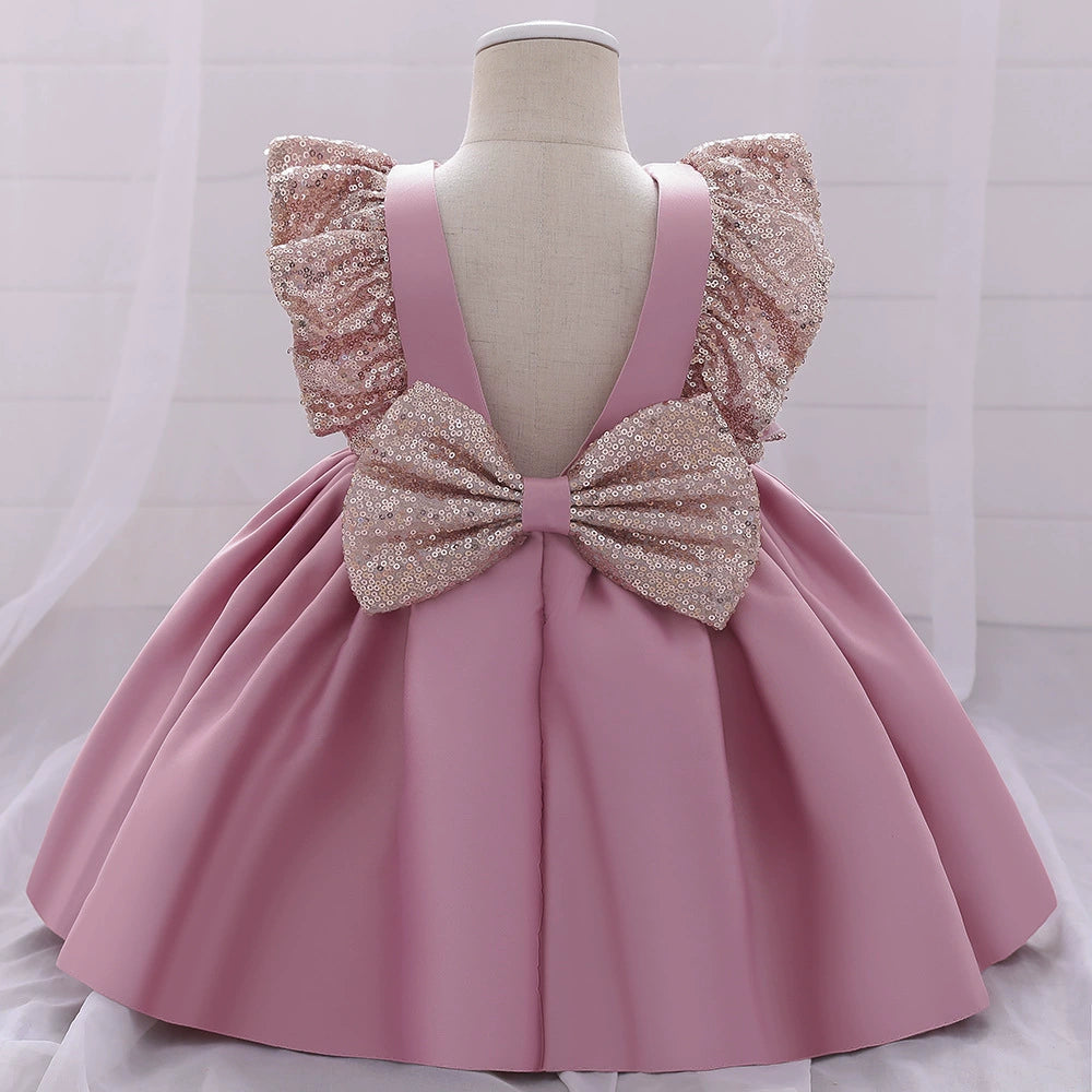Princess Pink Satin Bow / Tie Back Baptism Sequins Tea Length Sleeveless Cap Sleeve Round Flower Girl Dress