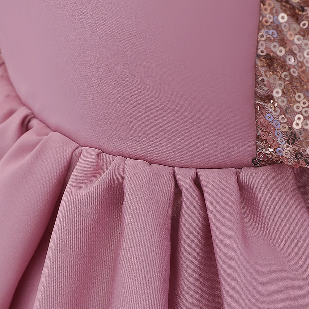 Princess Pink Satin Bow / Tie Back Baptism Sequins Tea Length Sleeveless Cap Sleeve Round Flower Girl Dress