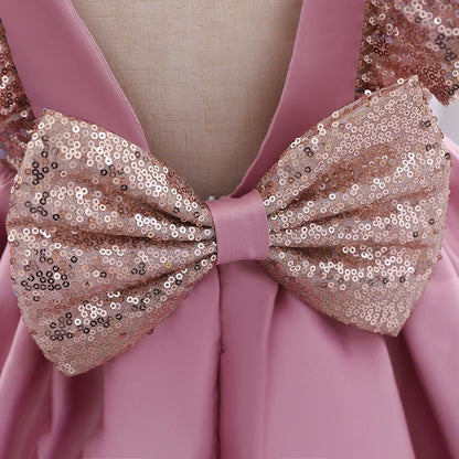 Princess Pink Satin Bow / Tie Back Baptism Sequins Tea Length Sleeveless Cap Sleeve Round Flower Girl Dress
