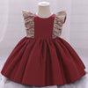 Princess Round Tea Length Satin Flower Girl Dress in Burgundy