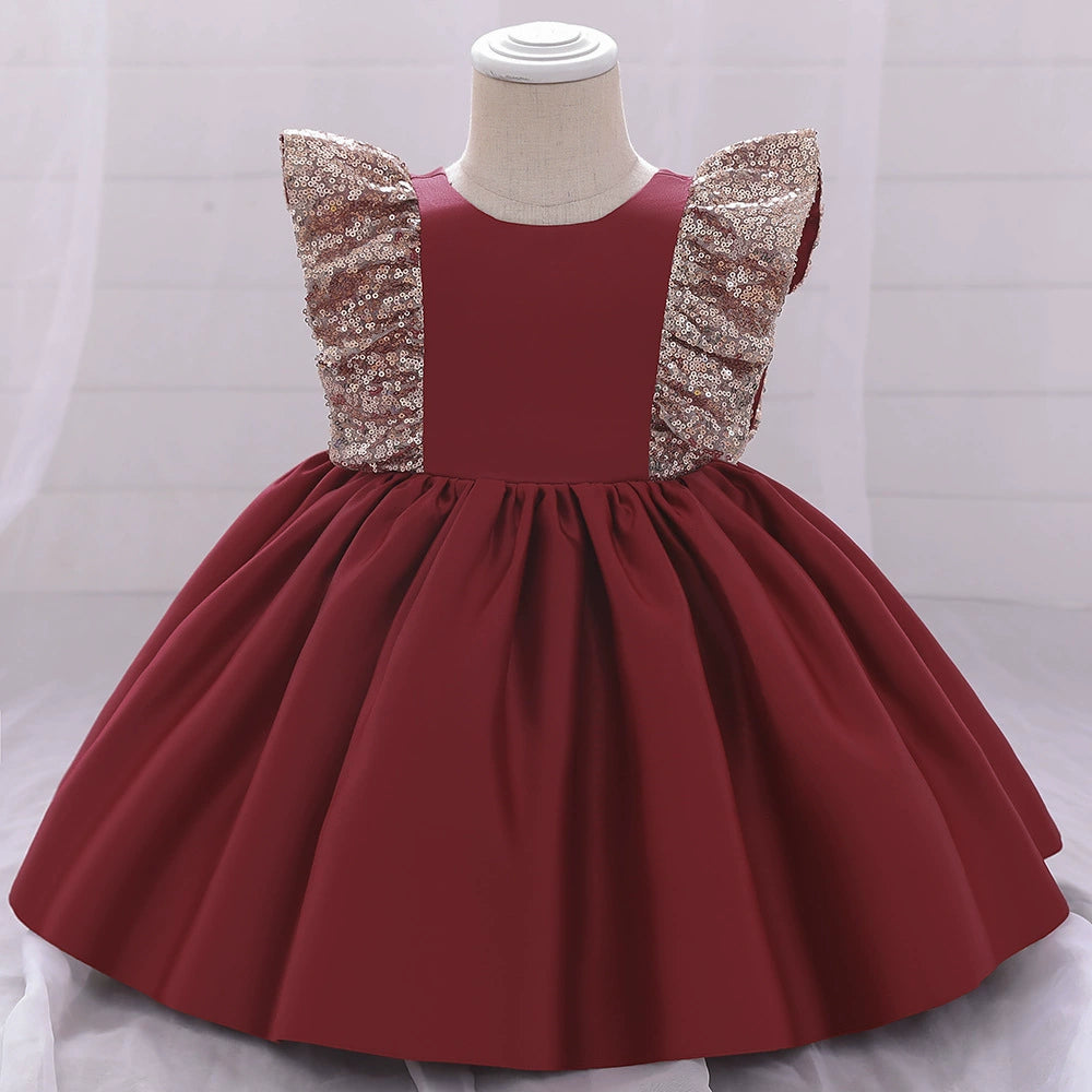 Princess Burgundy Satin Bow / Tie Back Baptism Sequins Tea Length Sleeveless Cap Sleeve Round Flower Girl Dress