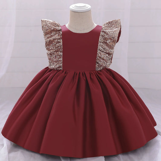 Princess Burgundy Satin Bow / Tie Back Baptism Sequins Tea Length Sleeveless Cap Sleeve Round Flower Girl Dress