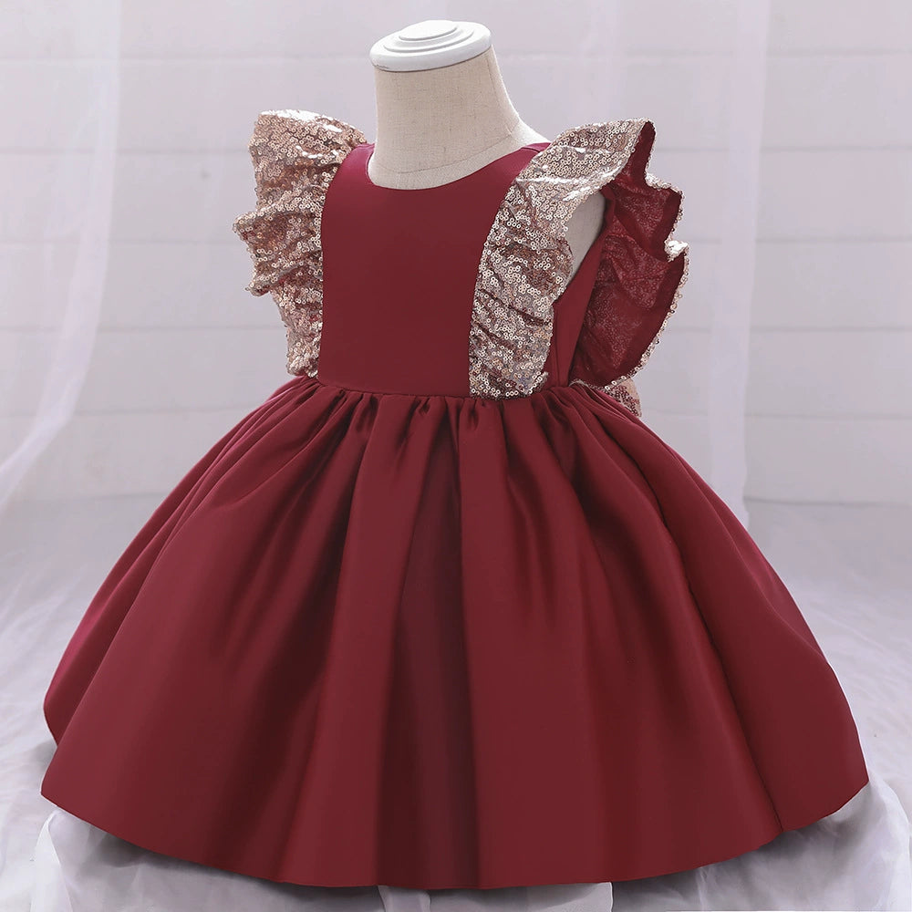 Princess Burgundy Satin Bow / Tie Back Baptism Sequins Tea Length Sleeveless Cap Sleeve Round Flower Girl Dress