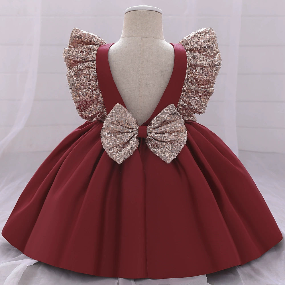 Princess Burgundy Satin Bow / Tie Back Baptism Sequins Tea Length Sleeveless Cap Sleeve Round Flower Girl Dress